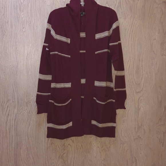 Lety & Me Burgundy & Cream Striped, Open Front Cardigan Sweater, Pockets, Hooded - Picture 1 of 7